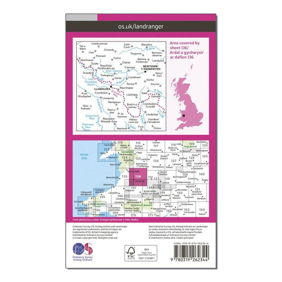 OS Landranger 136 Newtown & Llanidloes Map