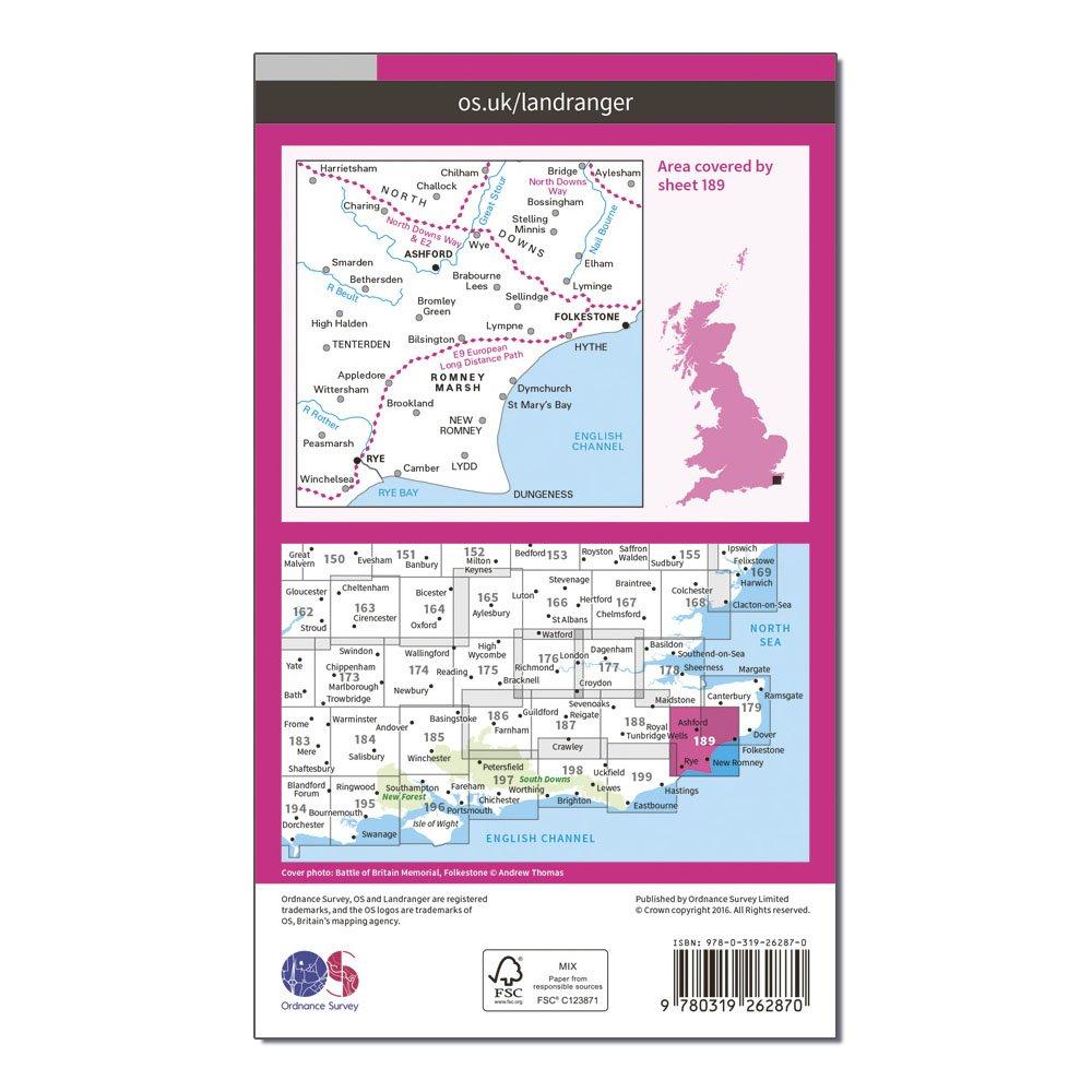 OS Landranger 189 Ashford & Romney Marsh, Rye & Folkestone Map