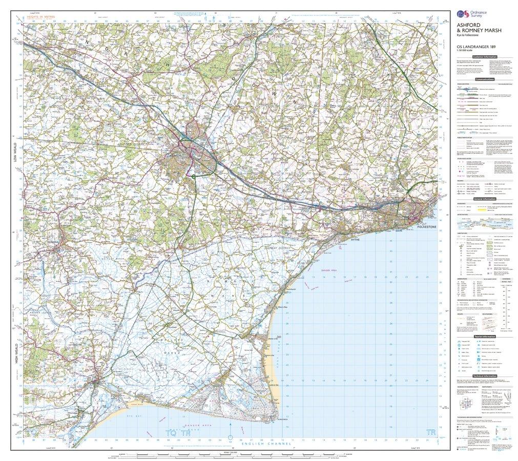 OS Landranger 189 Ashford & Romney Marsh, Rye & Folkestone Map