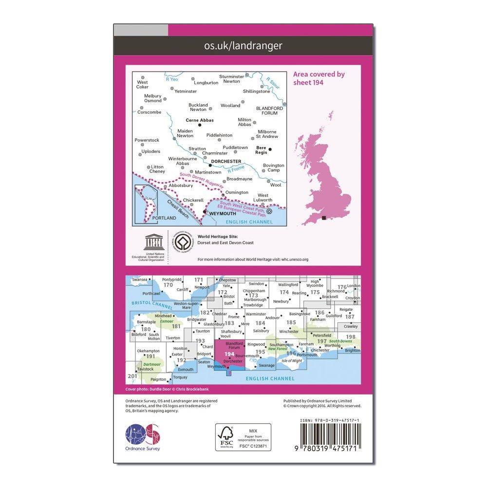 Landranger Active 194 Dorchester & Weymouth, Cerne Abbas & Bere Regis Map With Digital Version
