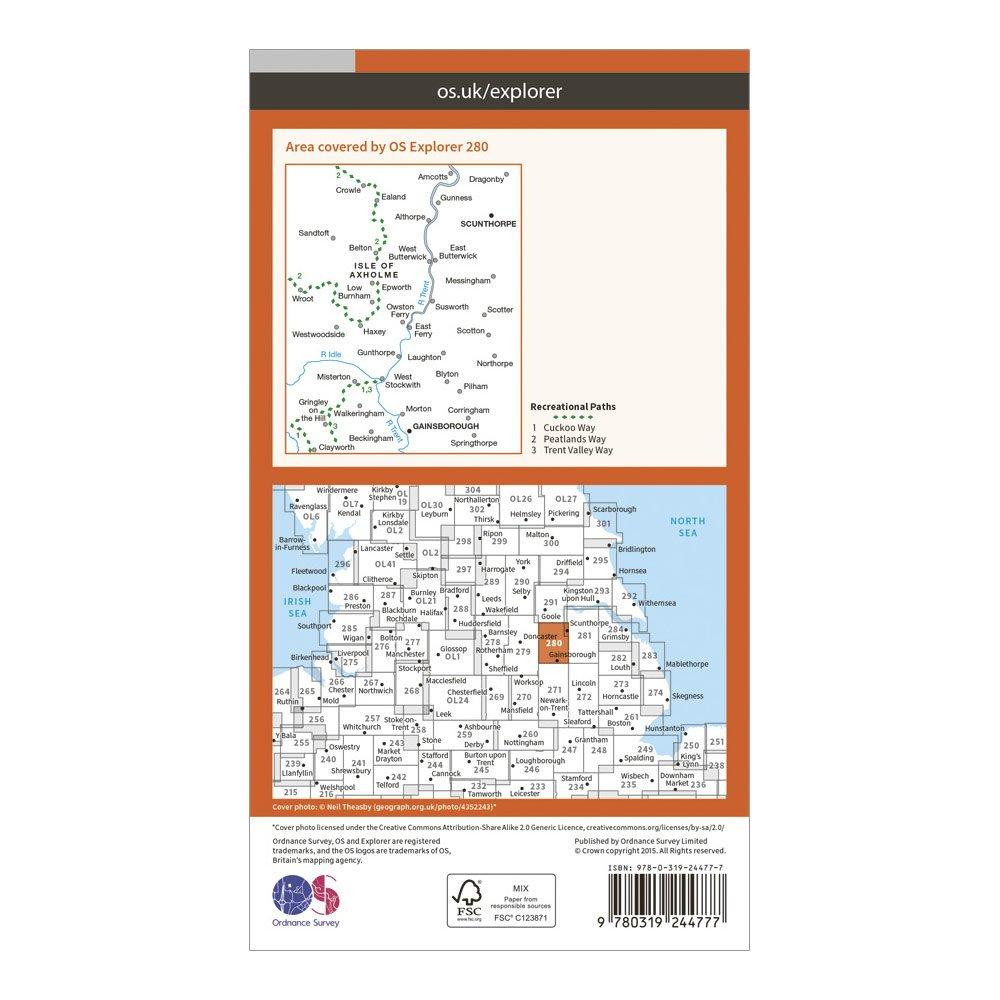 Explorer 280 Isle of Axholme, Scunthorpe & Gainsborough Map With Digital Version