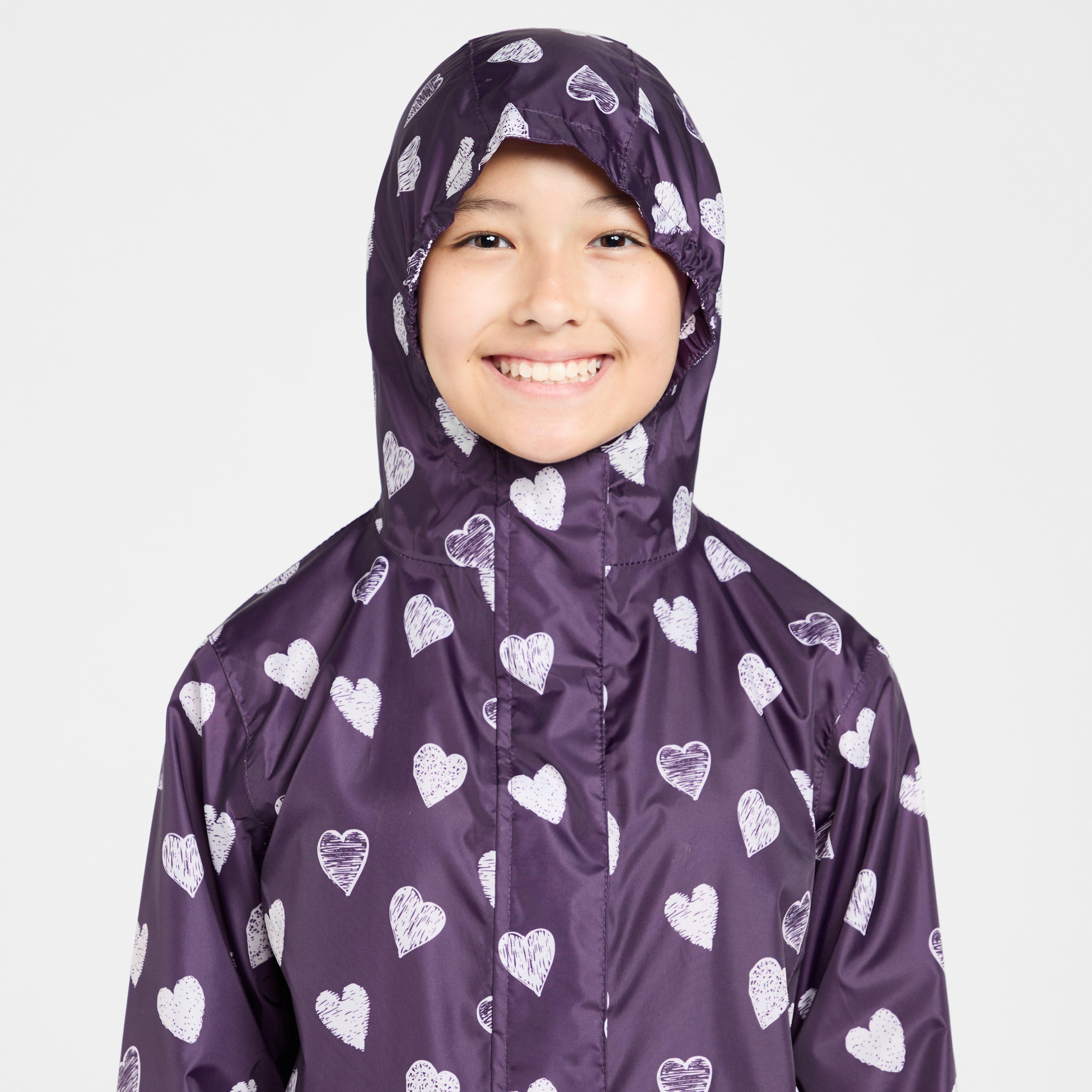Kids Packable Waterproof Jacket Purple/White Love Hearts