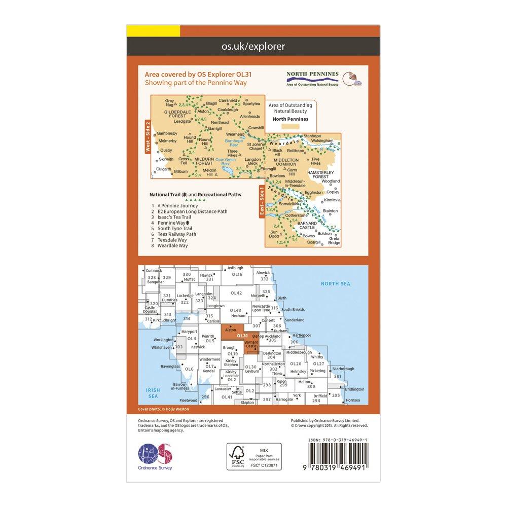 Explorer Active OL 31 North Pennines - Teesdale & Weardale Map