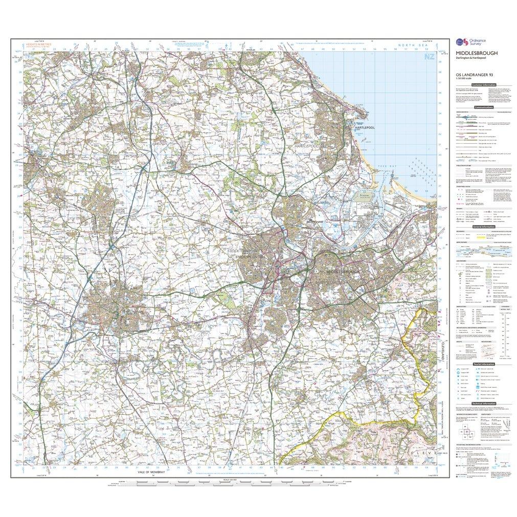 Landranger 93 Middlesbrough, Darlington & Hartlepool Map With Digital Version