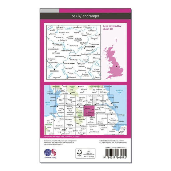 OS Landranger 111 Sheffield & Doncaster, Rotherham, Barnsley & Thorne Map