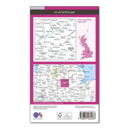 Landranger 129 Nottingham & Loughborough, Melton Mowbray Map With Digital Version