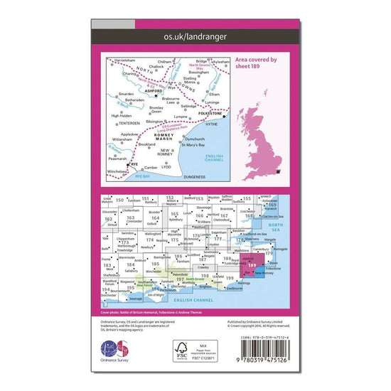Landranger Active 189 Ashford & Romney Marsh, Rye & Folkestone Map With Digital Version