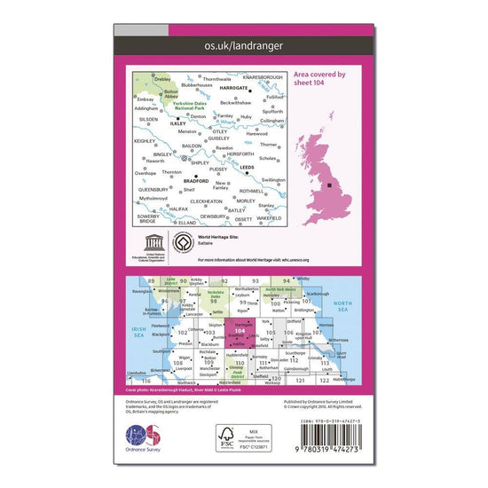 Landranger Active 104 Leeds & Bradford, Harrogate & Ilkley Map With Digital Version