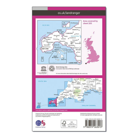 Landranger 203 Land's End & Isles of Scilly, St Ives & Lizard Point Map With Digital Version