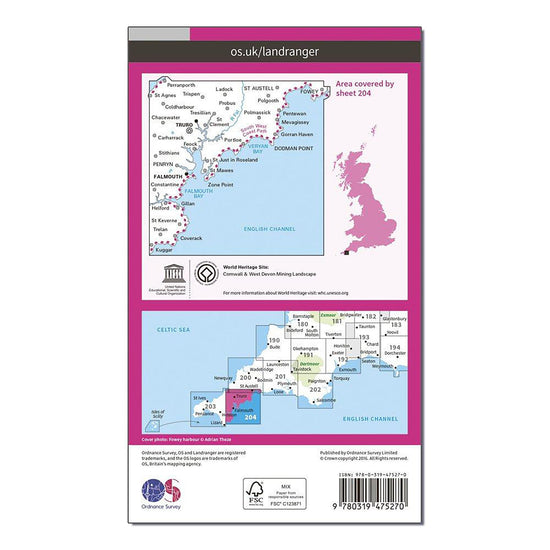 Landranger Active 204 Truro, Falmouth & Roseland Peninsula Map With Digital Version