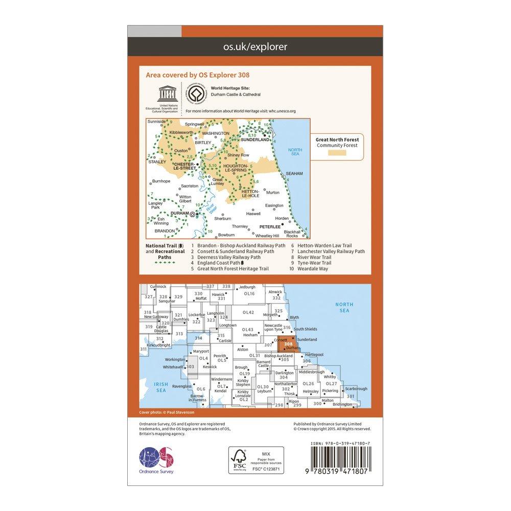 Explorer Active 308 Durham & Sunderland Map With Digital Version