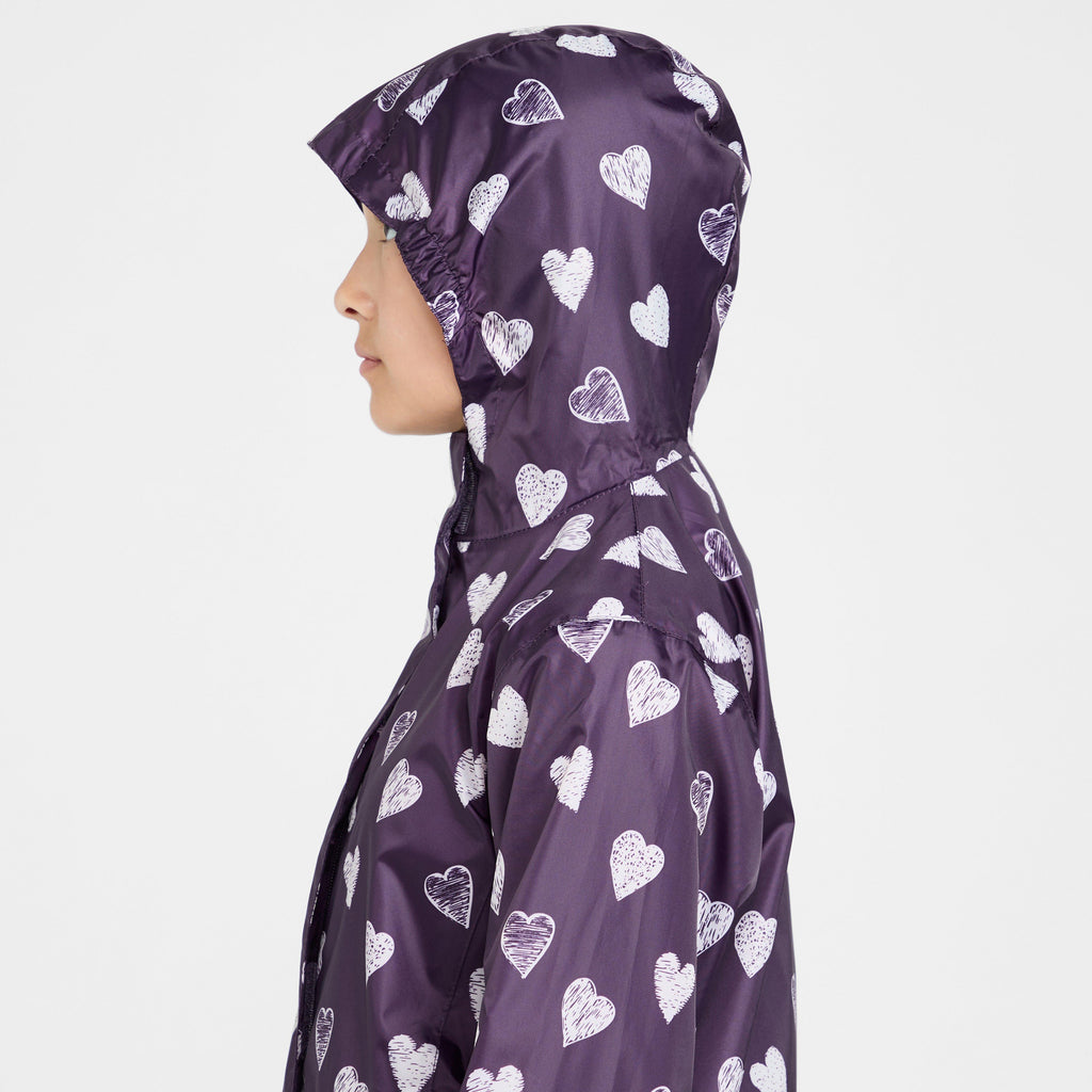 Kids Packable Waterproof Jacket Purple/White Love Hearts