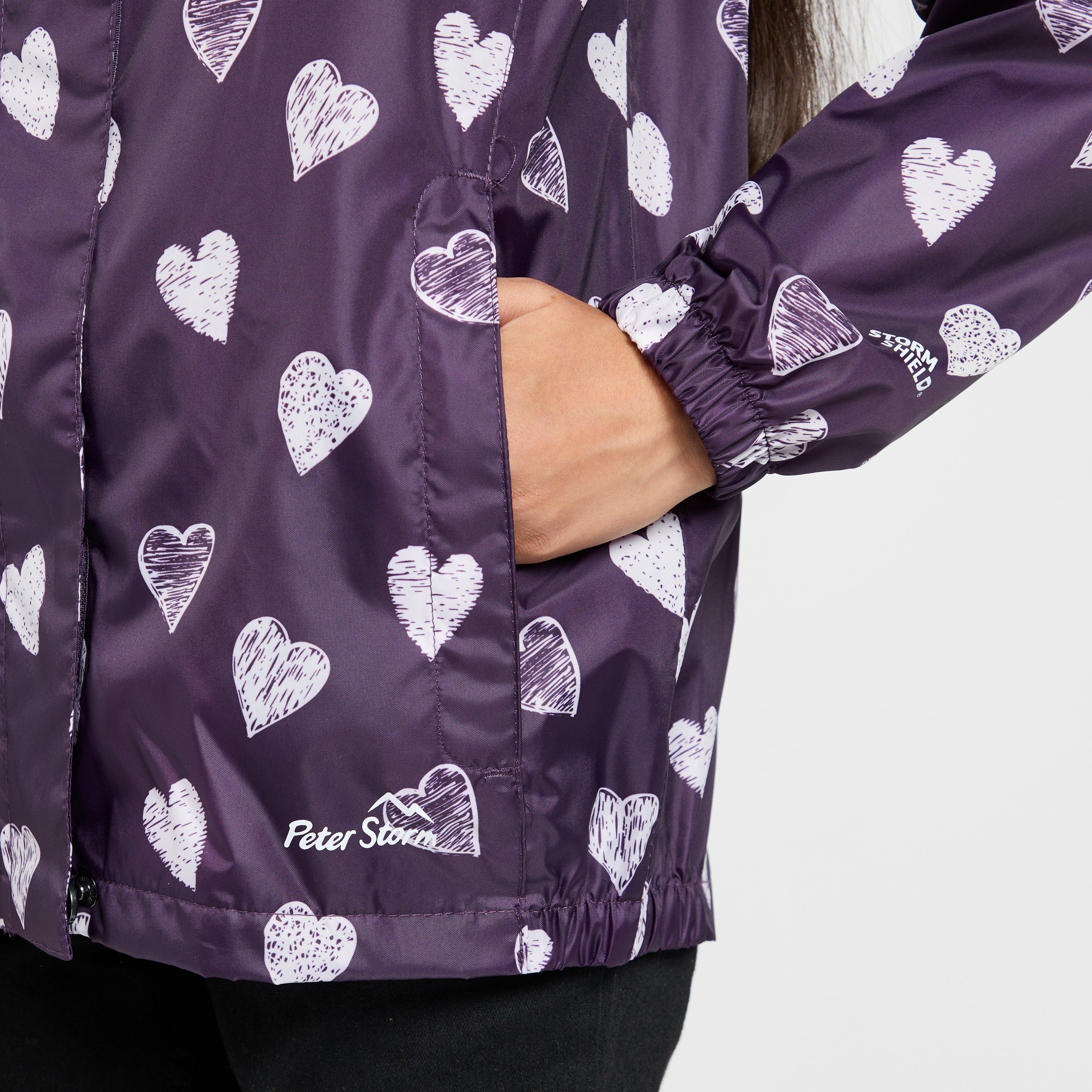 Kids Packable Waterproof Jacket Purple/White Love Hearts