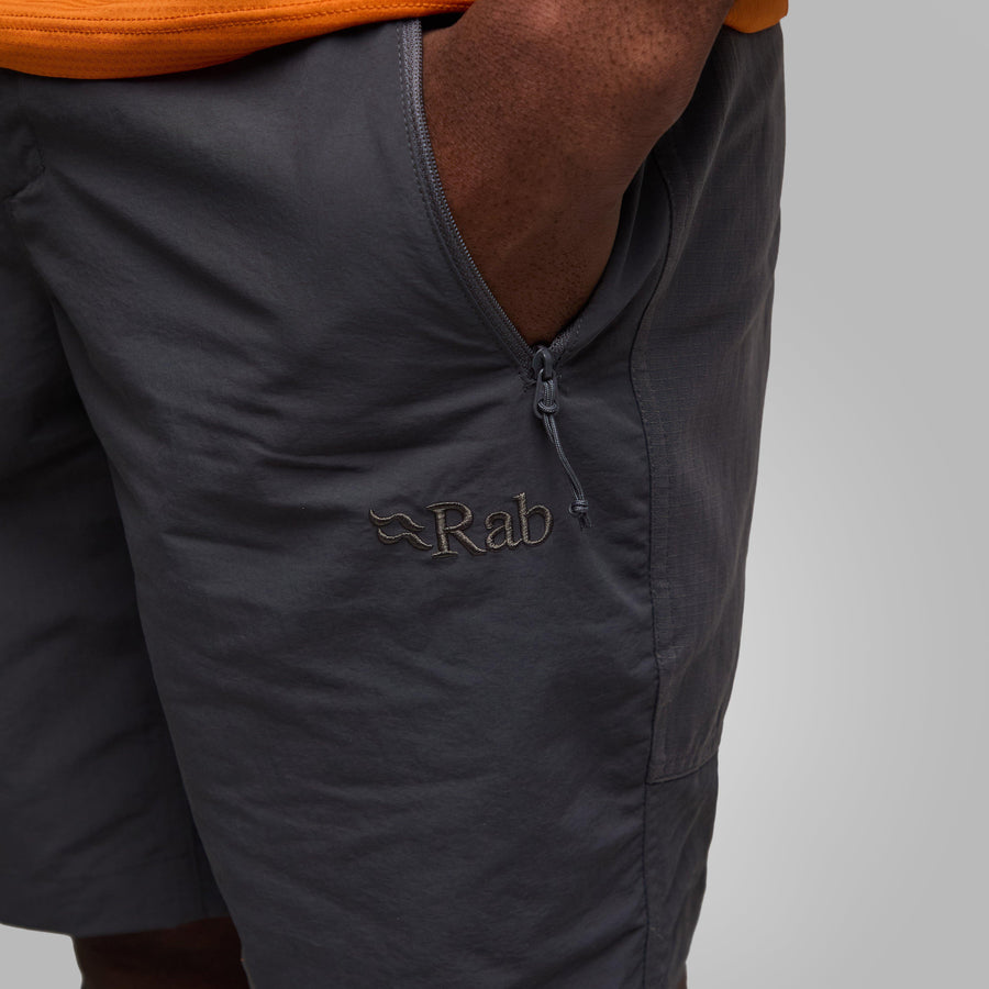A closeup product image of a pair of dark grey Rab shorts